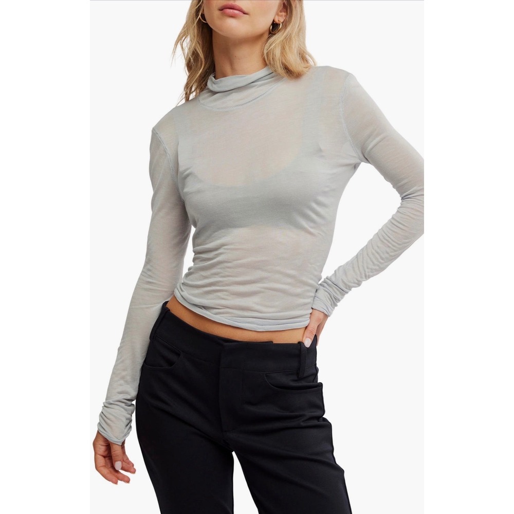 Intimately Free People Sheer Mock Neck Long Sleeve Top Light Blue Grey Size M